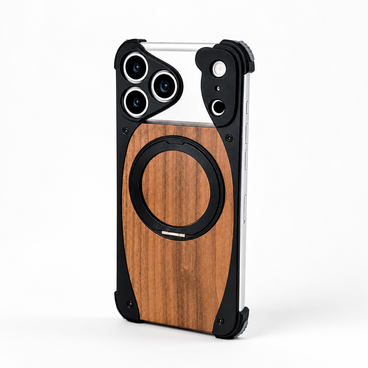 Premium iPhone Case Walnut Wood Aluminum Magnetic Cover Shockproof Drop Protection Built In Stand MagSafe Compatible Wireless Charging Luxury Hybrid Design