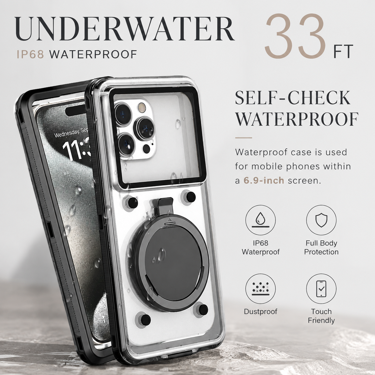 Premium iPhone Case Waterproof IP68 Shockproof Full Body Protective Cover Vacuum Seal Touchscreen Access Dustproof Outdoor Underwater Protection Durable