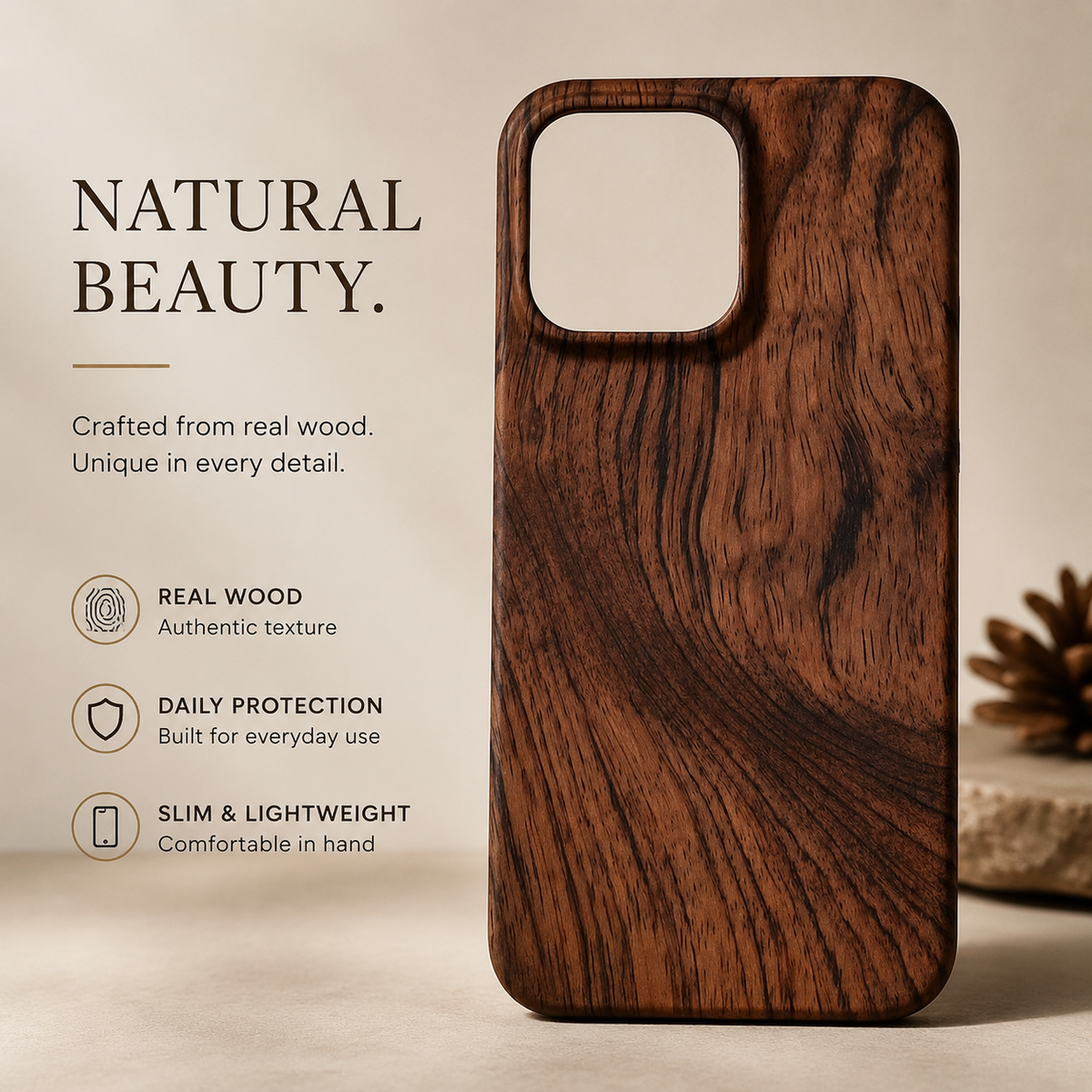 Premium iPhone Case Wooden Natural Wood Walnut Ebony Bamboo Rosewood Protective Cover Dustproof Hard Shell Shockproof Scratch Resistant Slim Lightweight