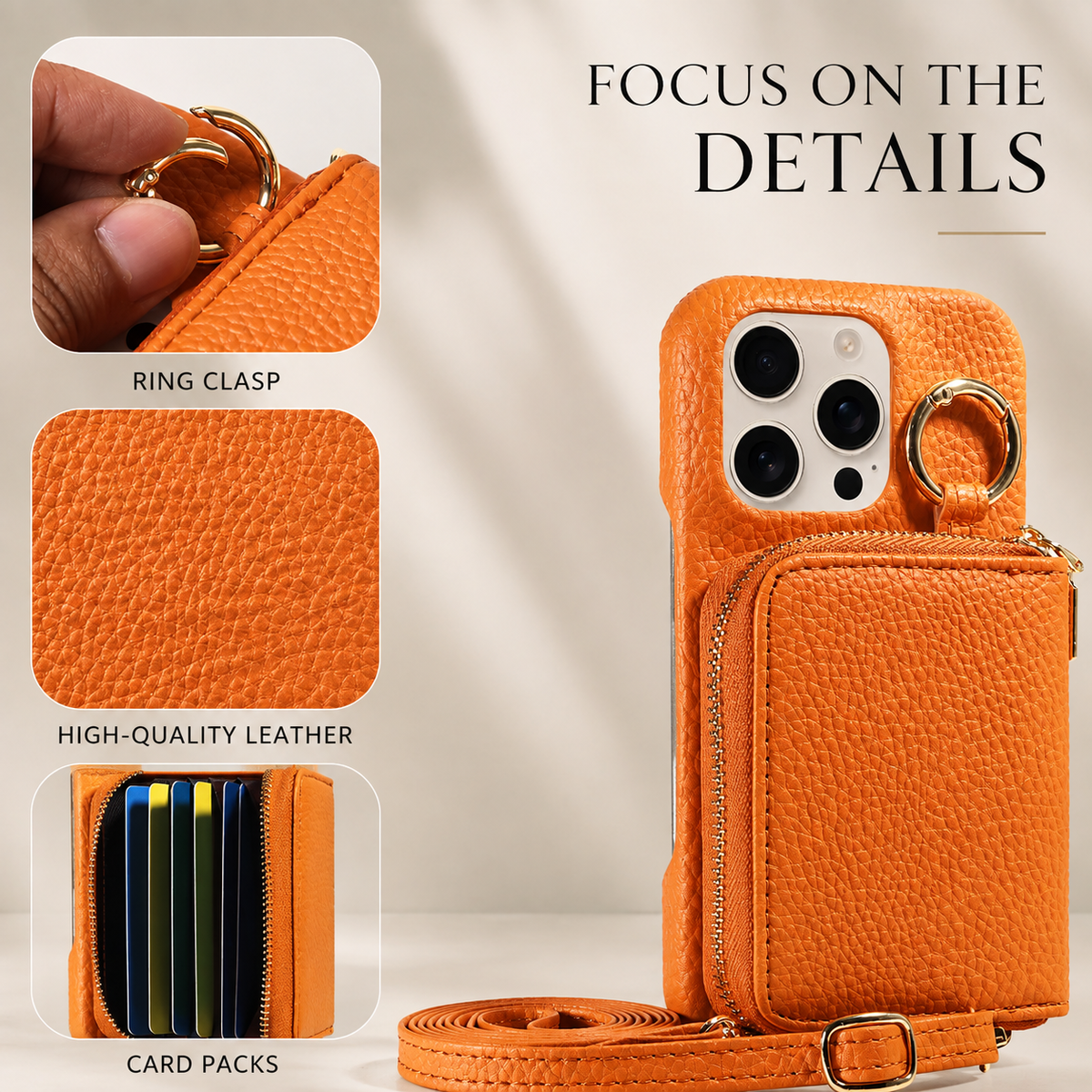 Premium iPhone Crossbody Wallet Case Faux Leather Card Holder Ring Stand Detachable Lanyard Shockproof Anti Scratch Dustproof Full Cover Storage