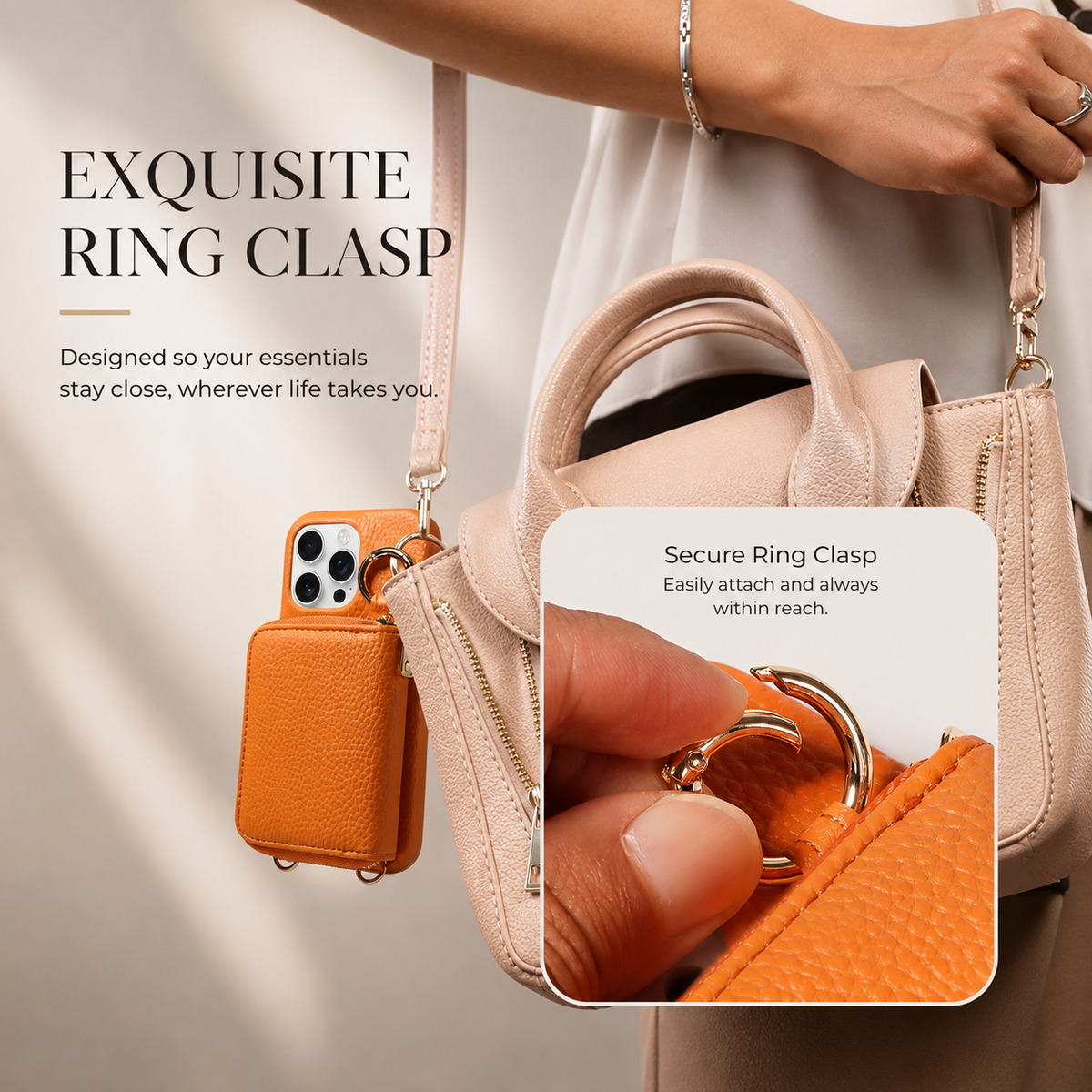 Premium iPhone Crossbody Wallet Case Faux Leather Card Holder Ring Stand Detachable Lanyard Shockproof Anti Scratch Dustproof Full Cover Storage