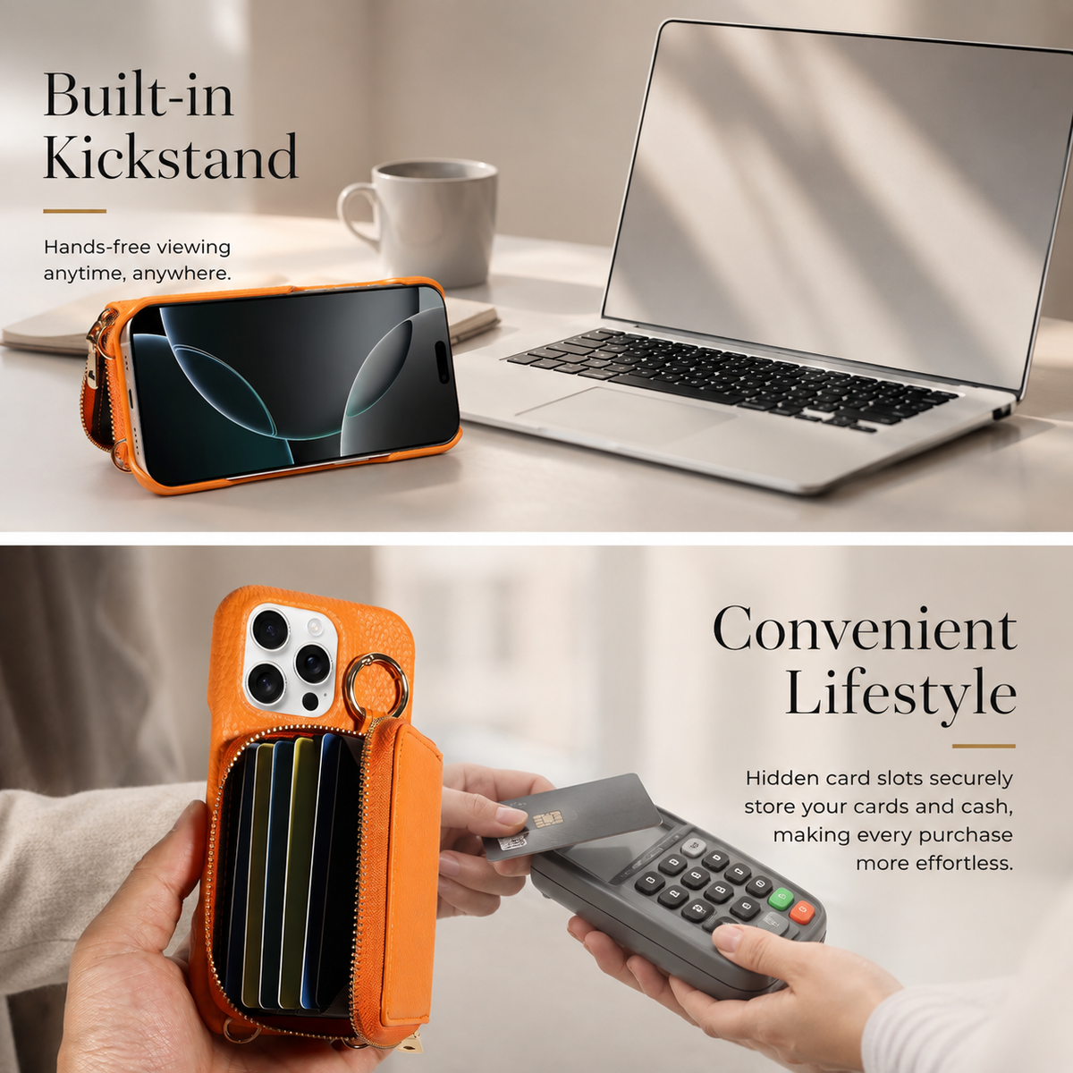 Premium iPhone Crossbody Wallet Case Faux Leather Card Holder Ring Stand Detachable Lanyard Shockproof Anti Scratch Dustproof Full Cover Storage