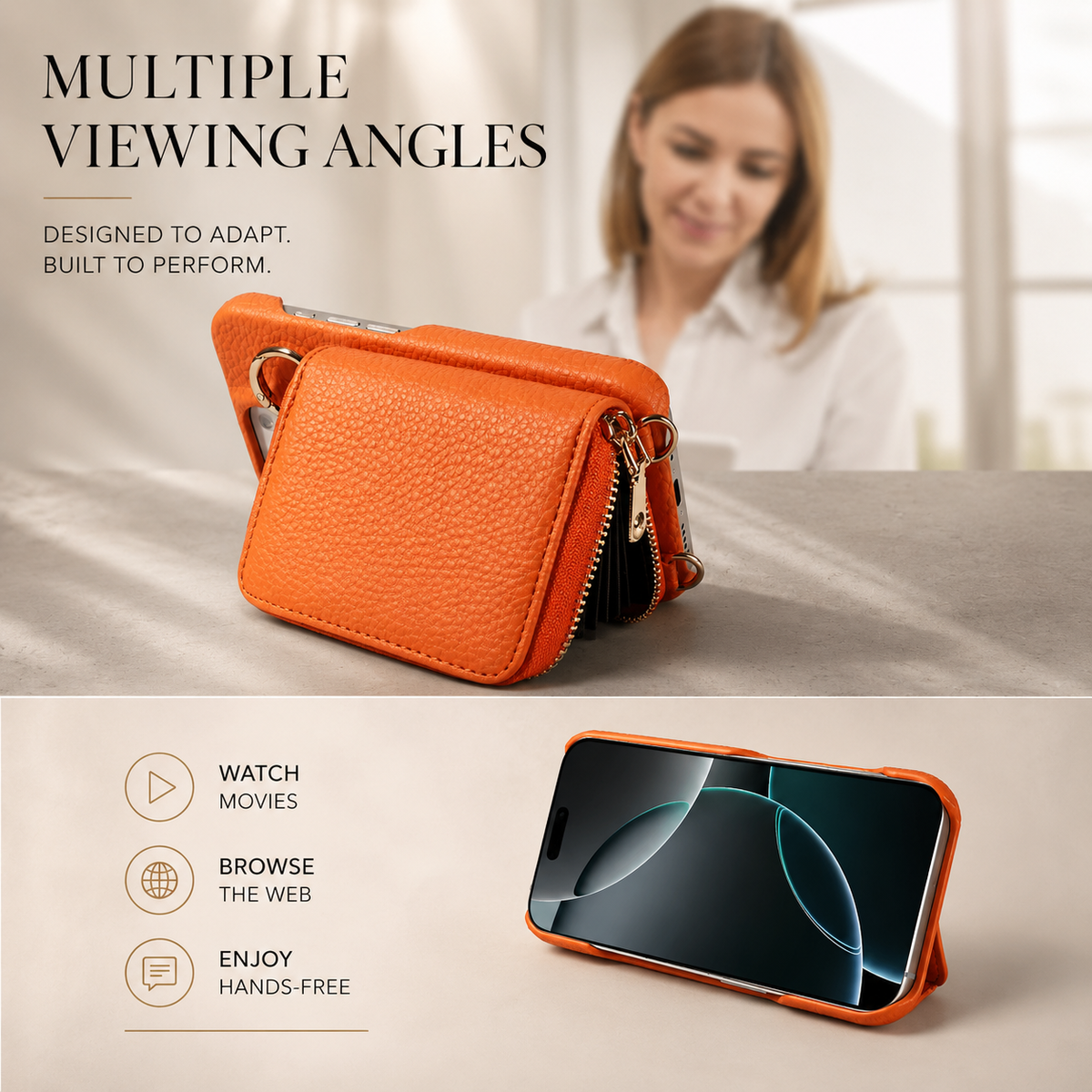 Premium iPhone Crossbody Wallet Case Faux Leather Card Holder Ring Stand Detachable Lanyard Shockproof Anti Scratch Dustproof Full Cover Storage