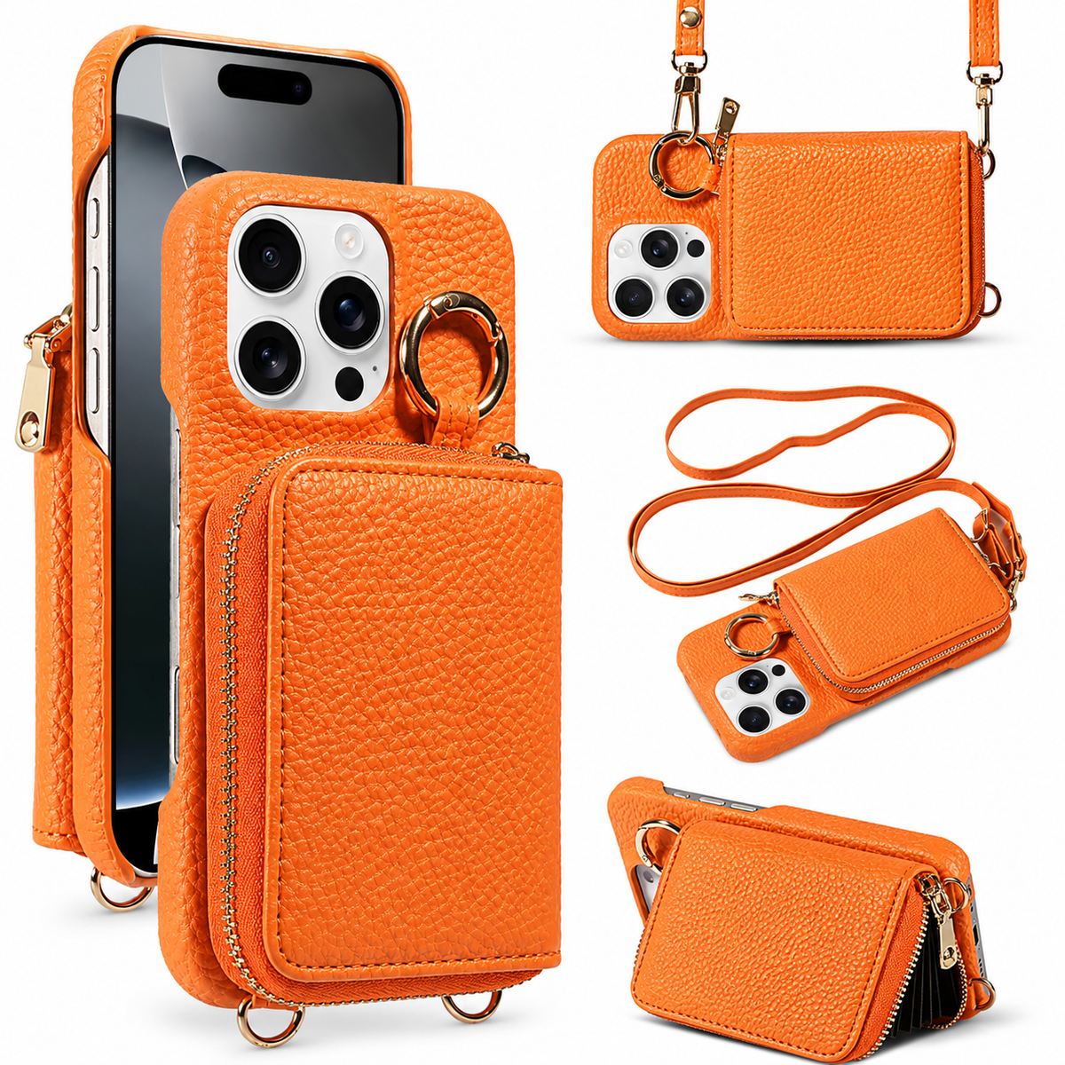 Premium iPhone Crossbody Wallet Case Faux Leather Card Holder Ring Stand Detachable Lanyard Shockproof Anti Scratch Dustproof Full Cover Storage