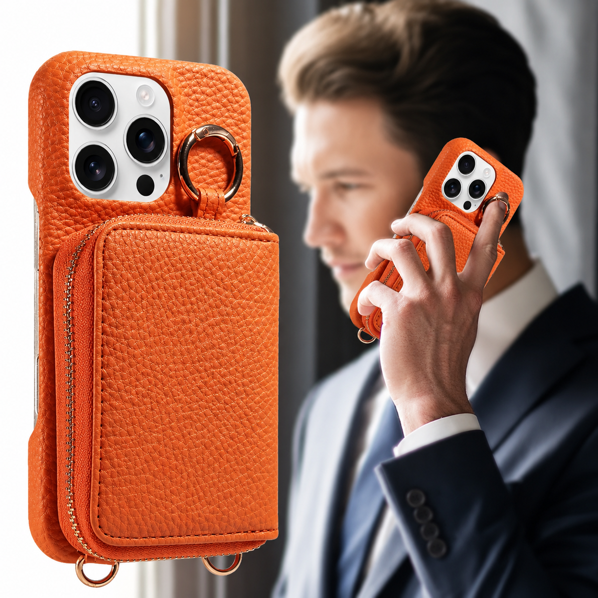 Premium iPhone Crossbody Wallet Case Faux Leather Card Holder Ring Stand Detachable Lanyard Shockproof Anti Scratch Dustproof Full Cover Storage
