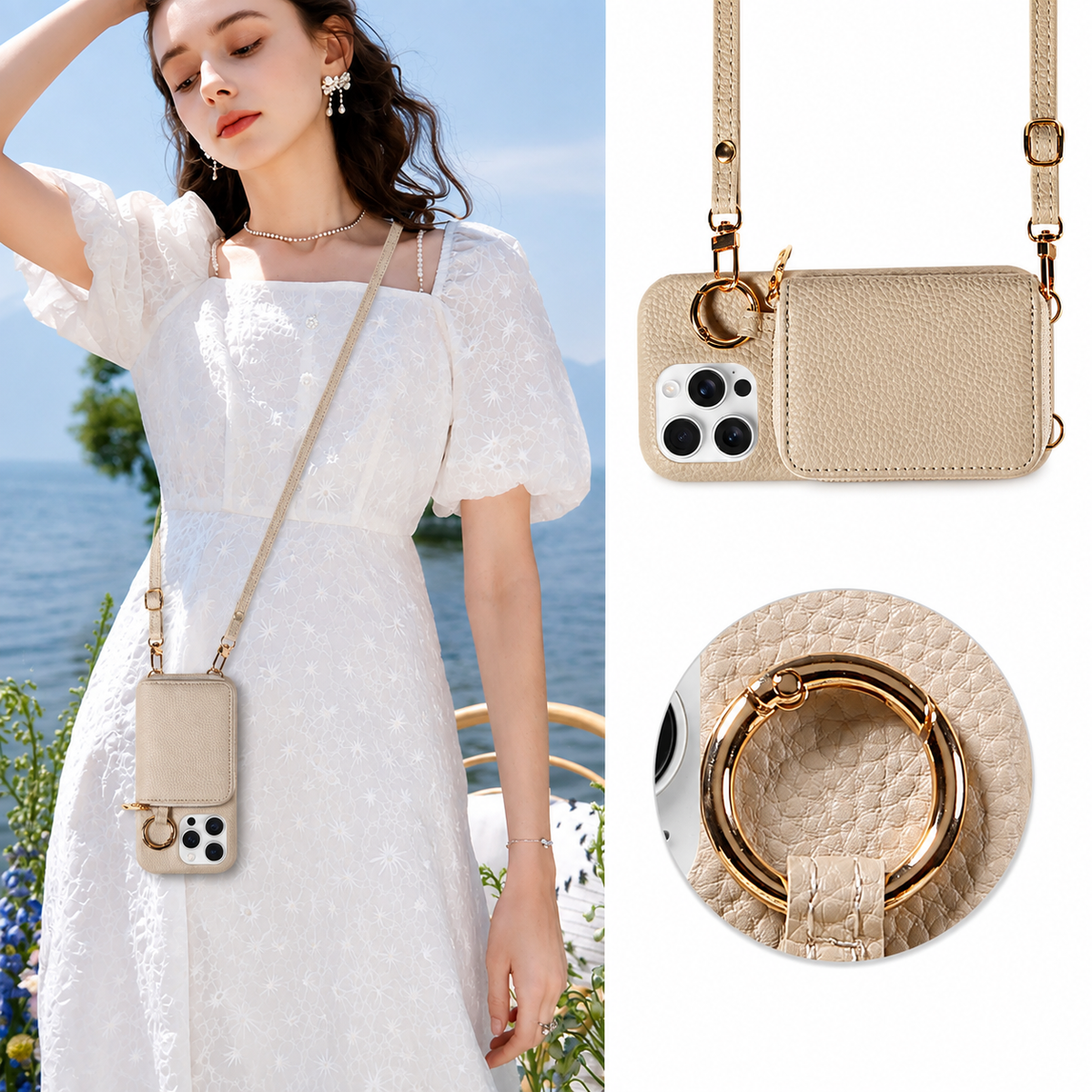 Premium iPhone Crossbody Wallet Case Faux Leather Card Holder Ring Stand Detachable Lanyard Shockproof Anti Scratch Dustproof Full Cover Storage