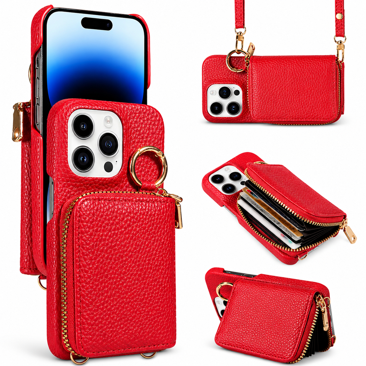 Premium iPhone Crossbody Wallet Case Faux Leather Card Holder Ring Stand Detachable Lanyard Shockproof Anti Scratch Dustproof Full Cover Storage