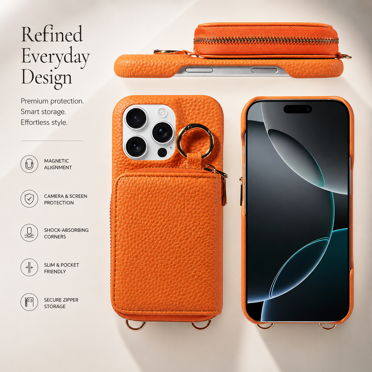 Premium iPhone Crossbody Wallet Case Faux Leather Card Holder Ring Stand Detachable Lanyard Shockproof Anti Scratch Dustproof Full Cover Storage
