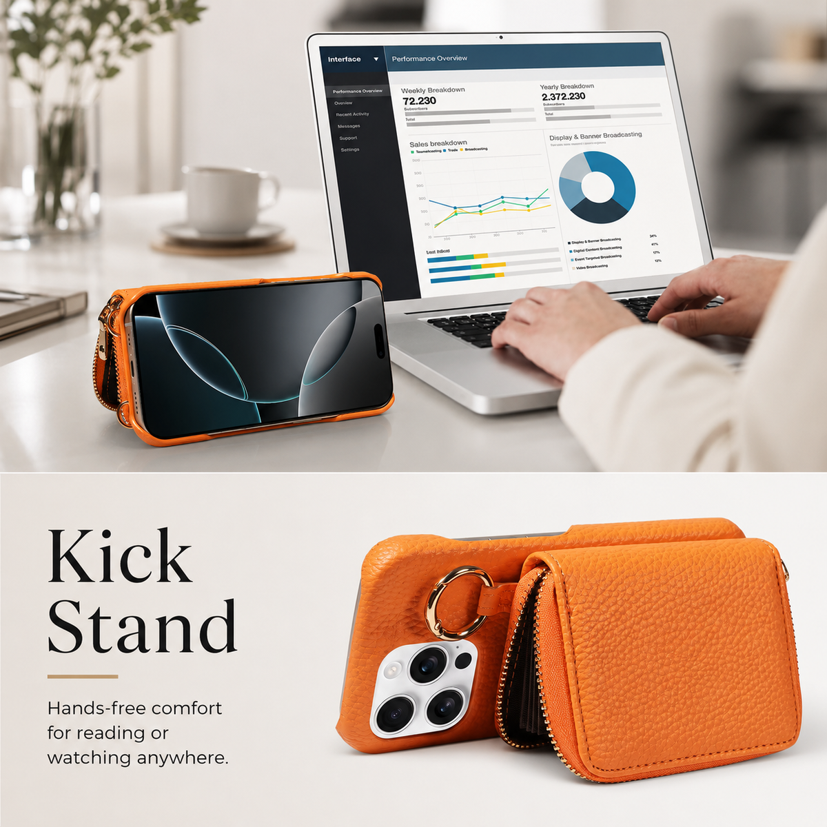 Premium iPhone Crossbody Wallet Case Faux Leather Card Holder Ring Stand Detachable Lanyard Shockproof Anti Scratch Dustproof Full Cover Storage