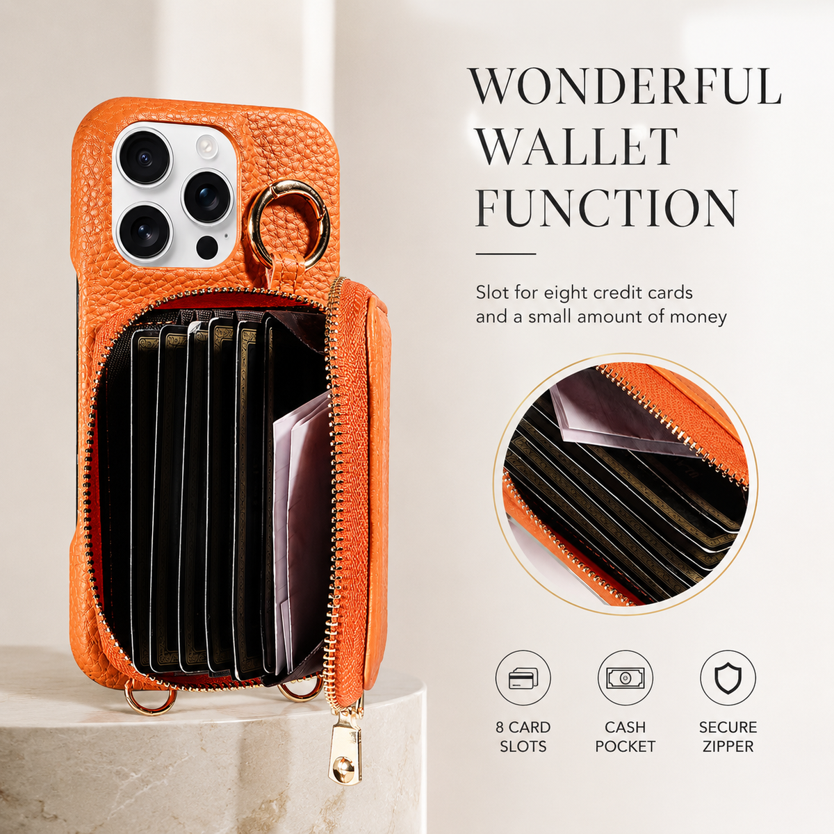 Premium iPhone Crossbody Wallet Case Faux Leather Card Holder Ring Stand Detachable Lanyard Shockproof Anti Scratch Dustproof Full Cover Storage
