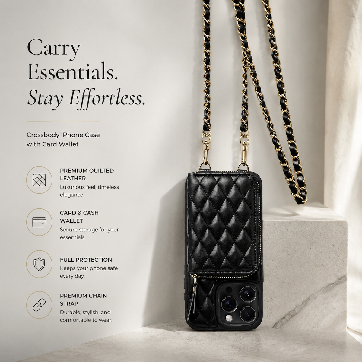 Premium iPhone Crossbody Wallet Case Leather Card Holder Diamond Stitch Chain Strap Shockproof Non Slip Portable Protective Phone Bag