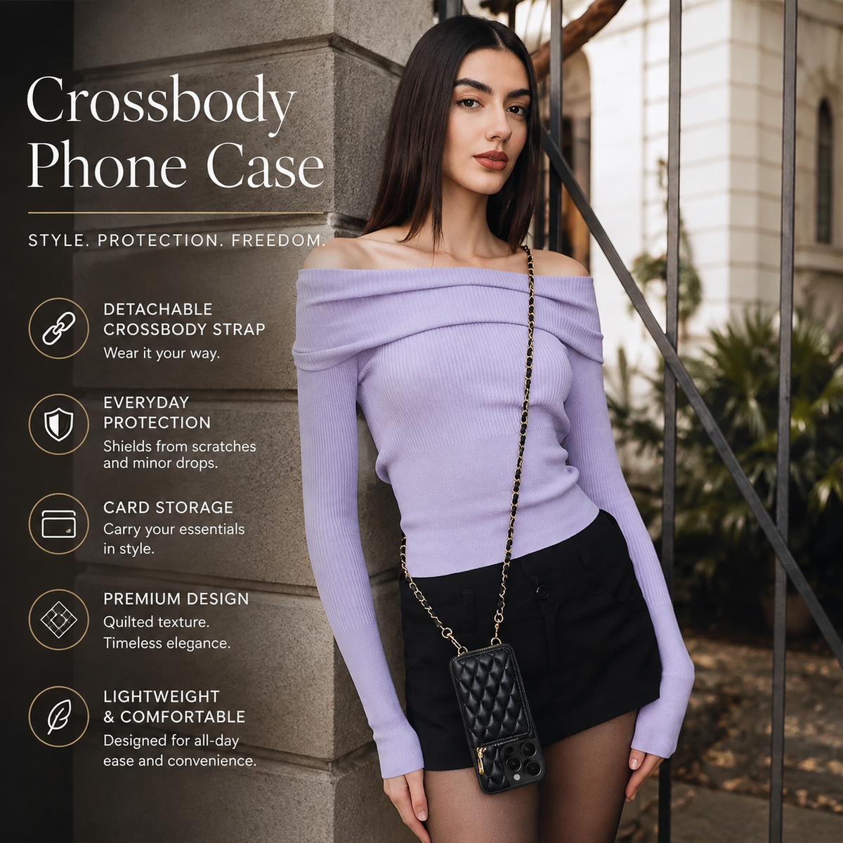 Premium iPhone Crossbody Wallet Case Leather Card Holder Diamond Stitch Chain Strap Shockproof Non Slip Portable Protective Phone Bag