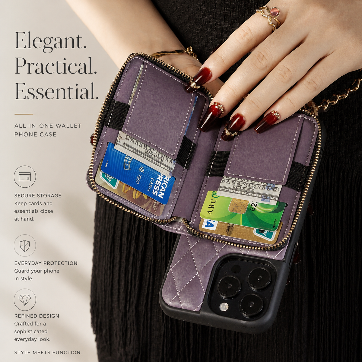 Premium iPhone Crossbody Wallet Case Leather Card Holder Diamond Stitch Chain Strap Shockproof Non Slip Portable Protective Phone Bag
