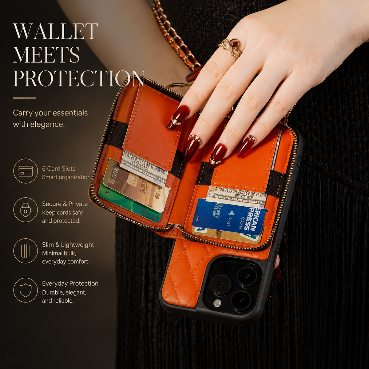 Premium iPhone Crossbody Wallet Case Leather Card Holder Diamond Stitch Chain Strap Shockproof Non Slip Portable Protective Phone Bag