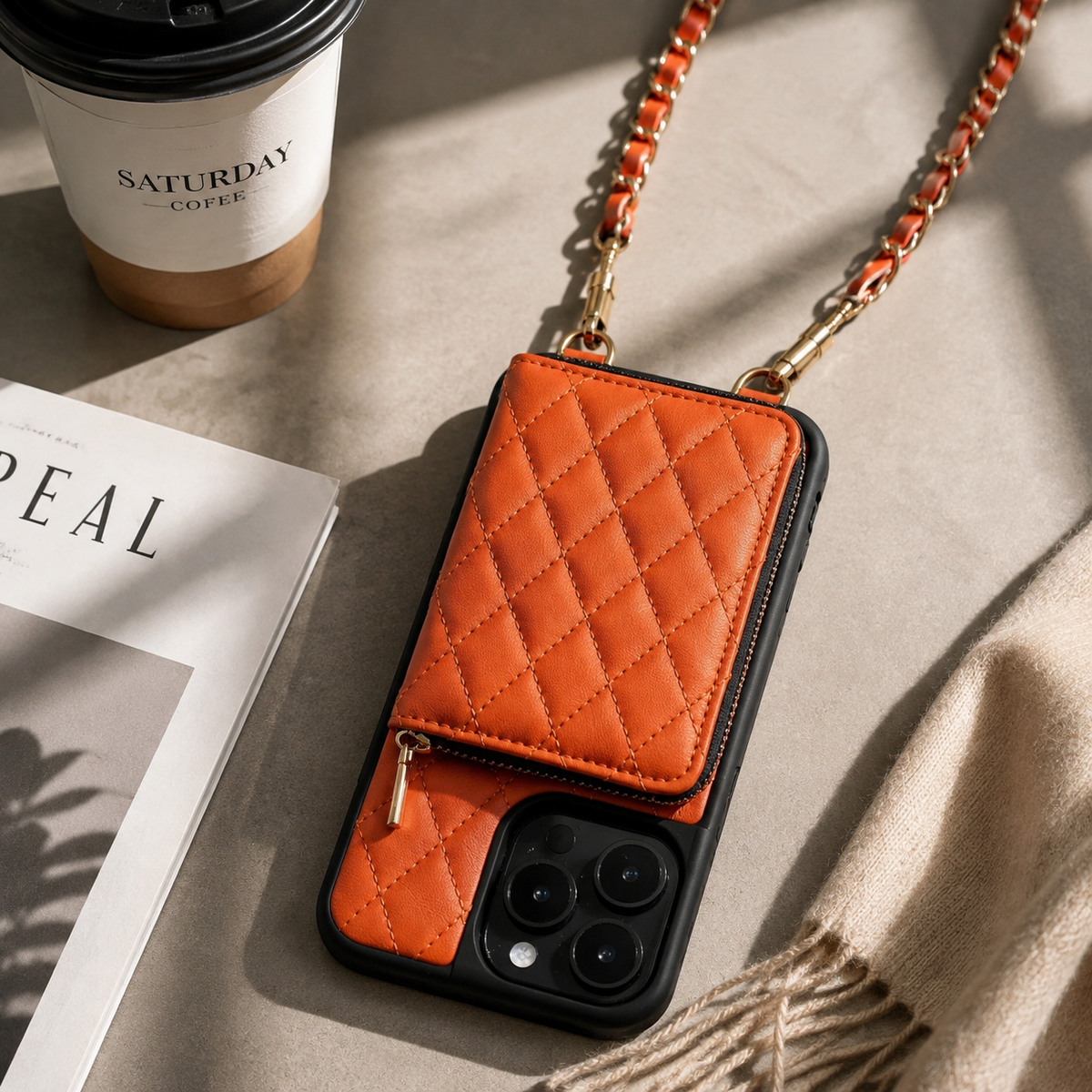Premium iPhone Crossbody Wallet Case Leather Card Holder Diamond Stitch Chain Strap Shockproof Non Slip Portable Protective Phone Bag