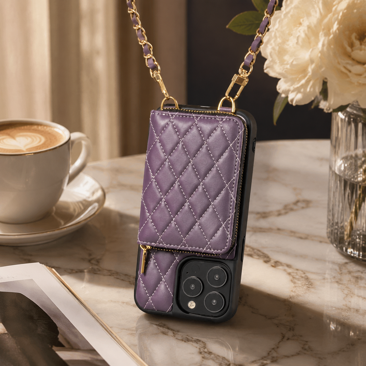 Premium iPhone Crossbody Wallet Case Leather Card Holder Diamond Stitch Chain Strap Shockproof Non Slip Portable Protective Phone Bag
