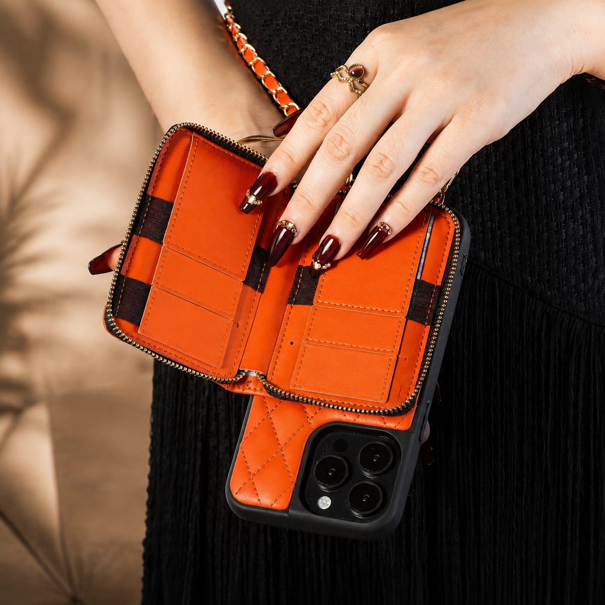 Premium iPhone Crossbody Wallet Case Leather Card Holder Diamond Stitch Chain Strap Shockproof Non Slip Portable Protective Phone Bag