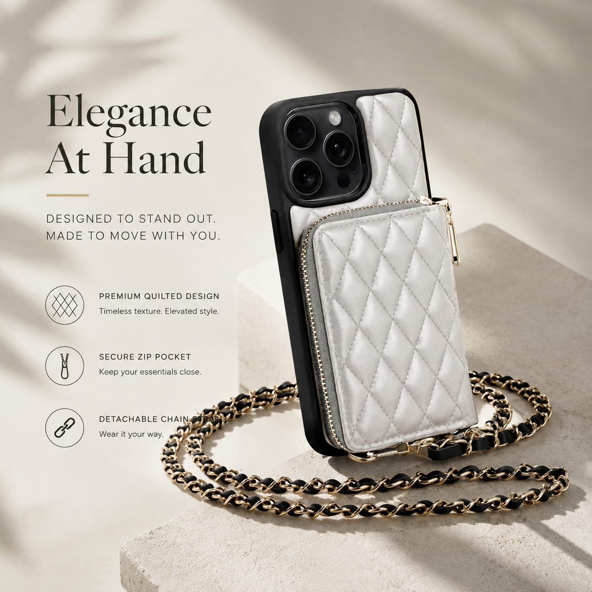Premium iPhone Crossbody Wallet Case Leather Card Holder Diamond Stitch Chain Strap Shockproof Non Slip Portable Protective Phone Bag