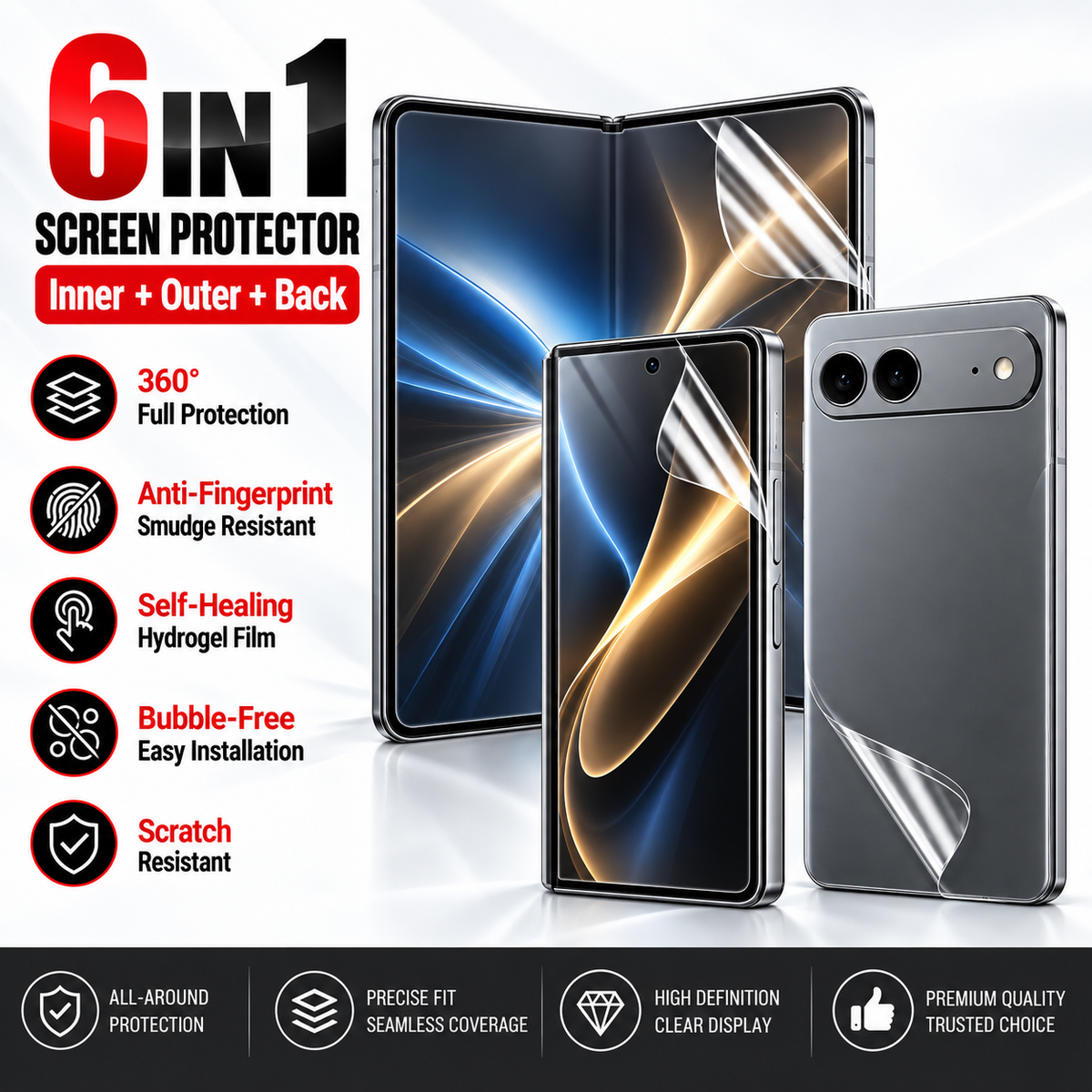 Premium iPhone Screen Protector 6 in 1 Hydrogel Film HD Clear Inner Outer Rear Soft TPU Anti Scratch Full Coverage Flexible Protective Film Set Pack