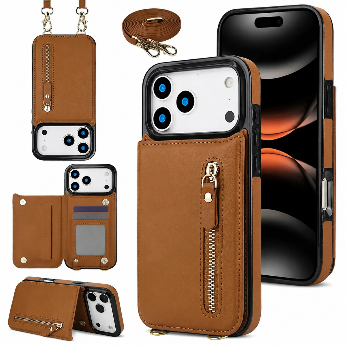 Premium iPhone Wallet Case Crossbody Leather RFID Blocking Zipper Card Holder Lanyard Strap Shockproof Anti Scratch Magnetic Full Cover Storage Design