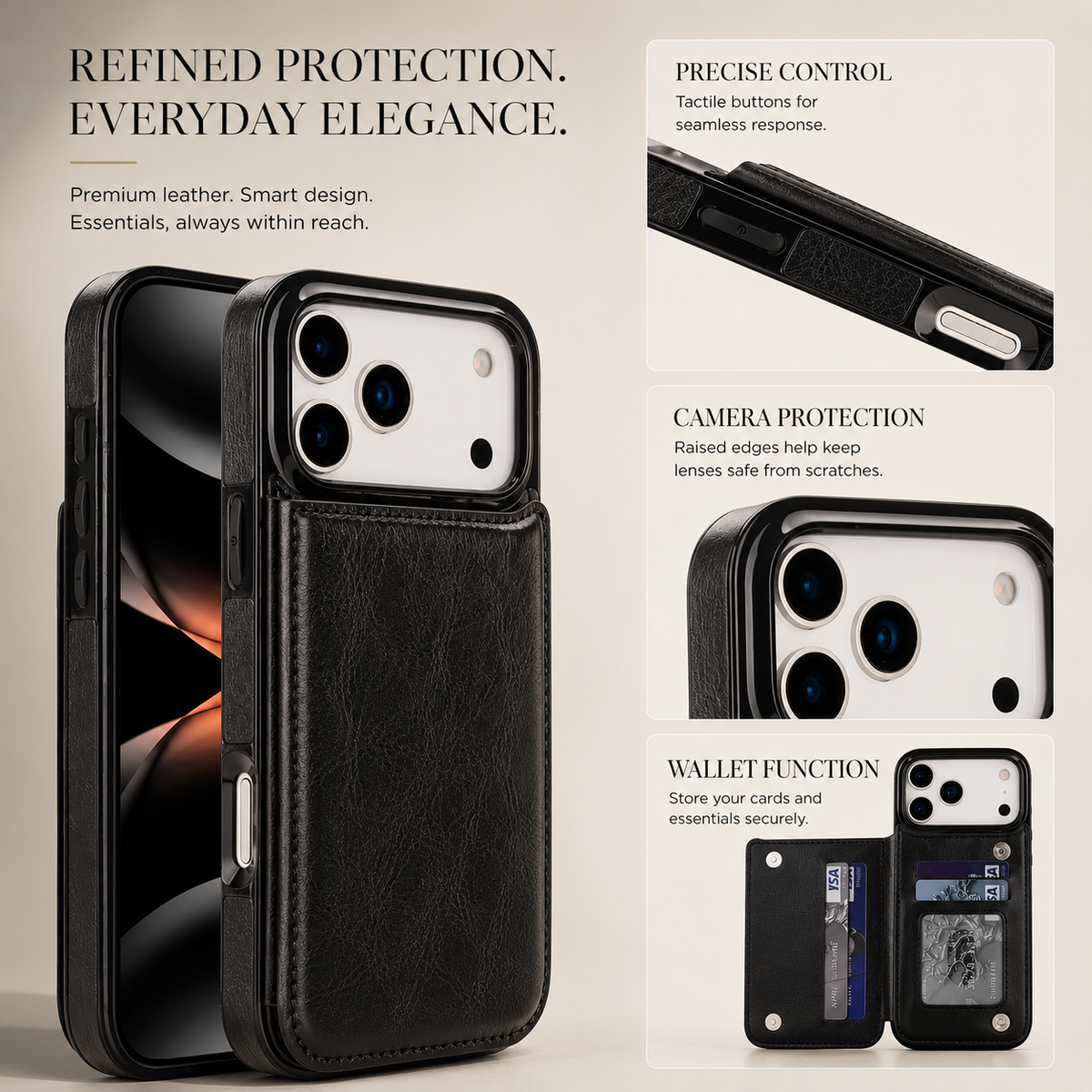 Premium iPhone Wallet Case Faux Leather Card Holder Kickstand Double Magnetic Clasp Shockproof Soft Cover Slim Protective Flip Case Slim Minimal Style