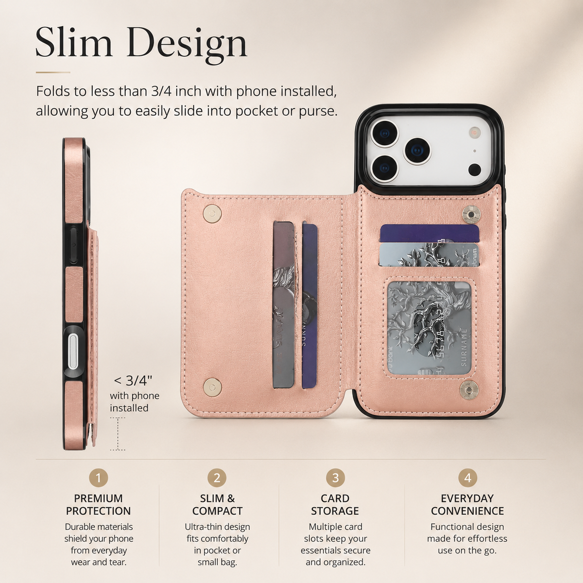 Premium iPhone Wallet Case Faux Leather Card Holder Kickstand Double Magnetic Clasp Shockproof Soft Cover Slim Protective Flip Case Slim Minimal Style