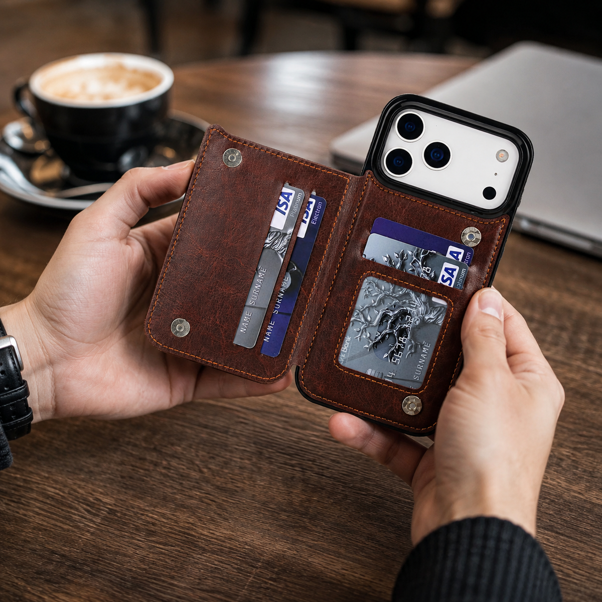 Premium iPhone Wallet Case Faux Leather Card Holder Kickstand Double Magnetic Clasp Shockproof Soft Cover Slim Protective Flip Case Slim Minimal Style