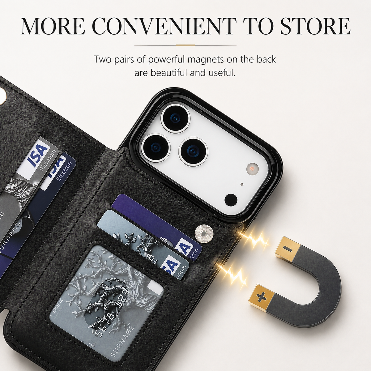 Premium iPhone Wallet Case Faux Leather Card Holder Kickstand Double Magnetic Clasp Shockproof Soft Cover Slim Protective Flip Case Slim Minimal Style