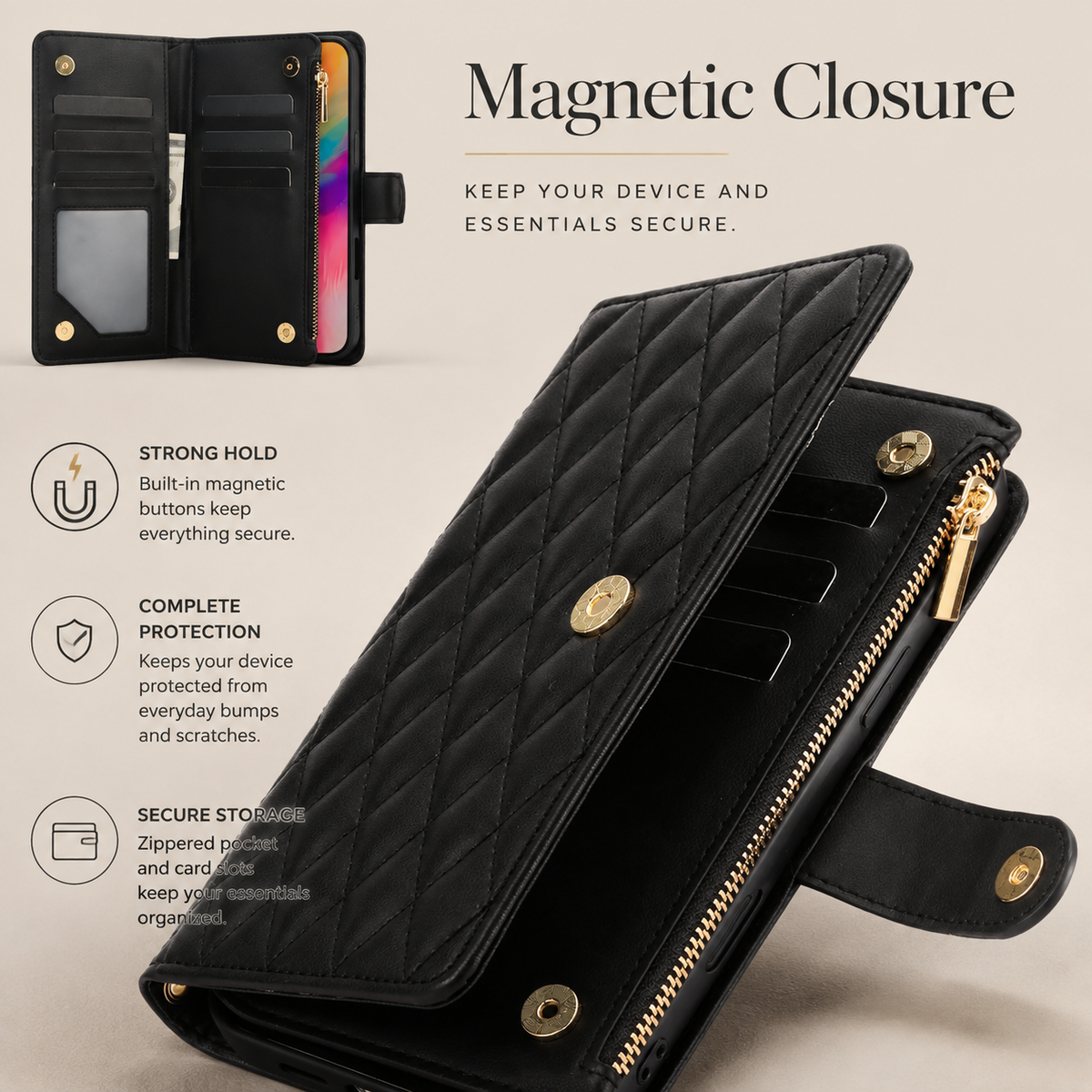 Premium iPhone Wallet Case Leather Flip Cover 6 Card Slots Zipper Storage Magnetic Closure Shockproof Kickstand Chain Strap Anti Scratch