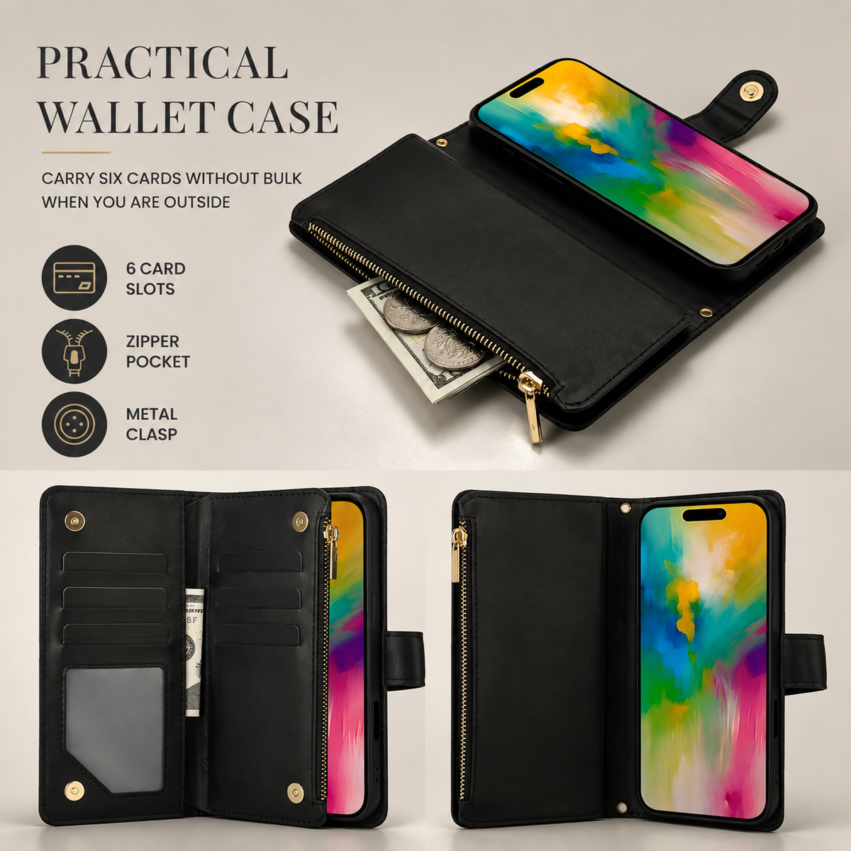Premium iPhone Wallet Case Leather Flip Cover 6 Card Slots Zipper Storage Magnetic Closure Shockproof Kickstand Chain Strap Anti Scratch