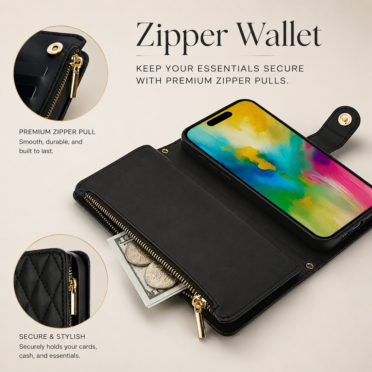 Premium iPhone Wallet Case Leather Flip Cover 6 Card Slots Zipper Storage Magnetic Closure Shockproof Kickstand Chain Strap Anti Scratch