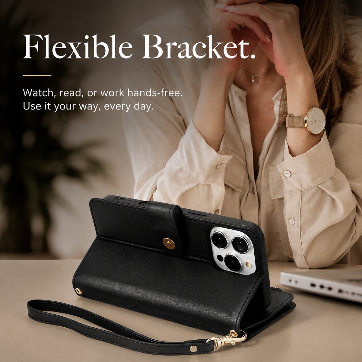 Premium iPhone Wallet Case Leather Flip Cover 6 Card Slots Zipper Storage Magnetic Closure Shockproof Kickstand Chain Strap Anti Scratch