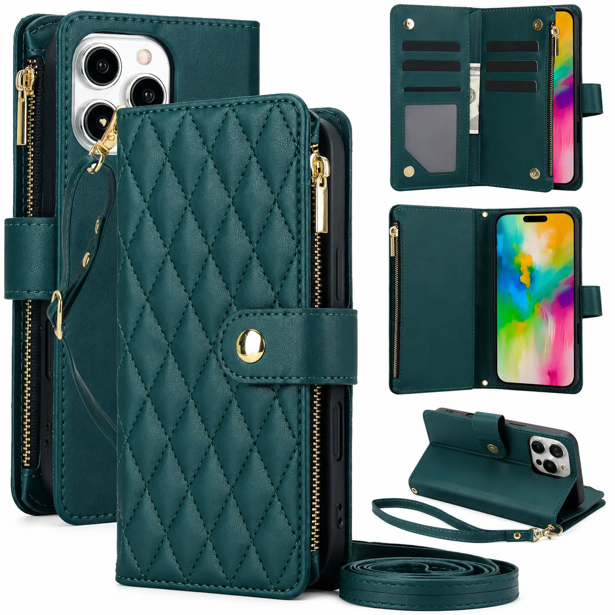 Premium iPhone Wallet Case Leather Flip Cover 6 Card Slots Zipper Storage Magnetic Closure Shockproof Kickstand Chain Strap Anti Scratch