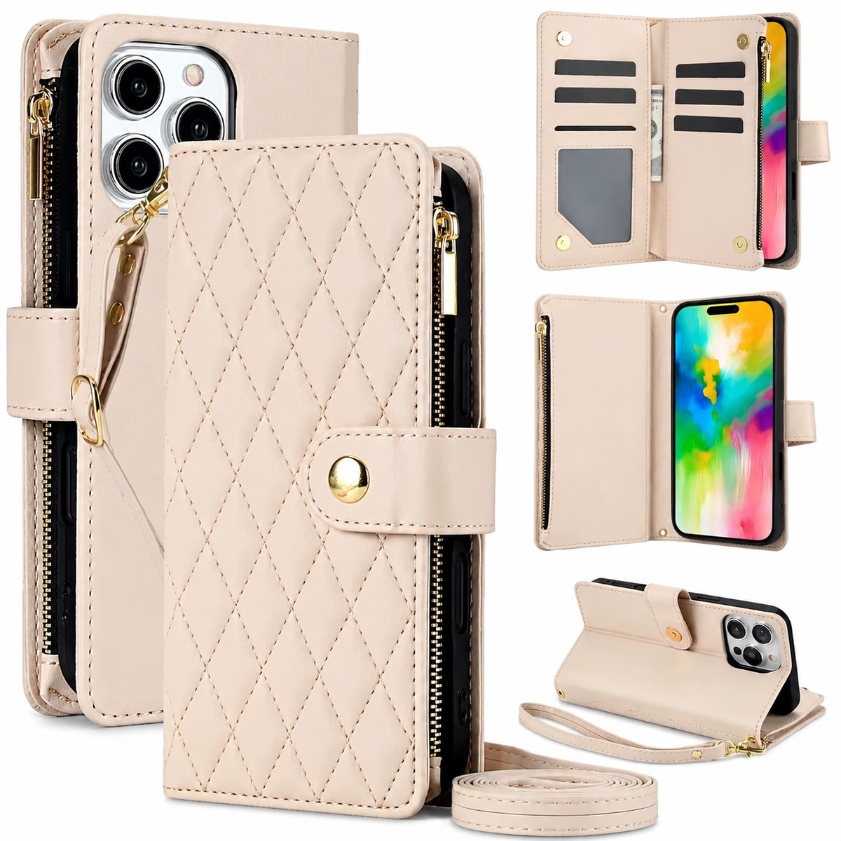 Premium iPhone Wallet Case Leather Flip Cover 6 Card Slots Zipper Storage Magnetic Closure Shockproof Kickstand Chain Strap Anti Scratch