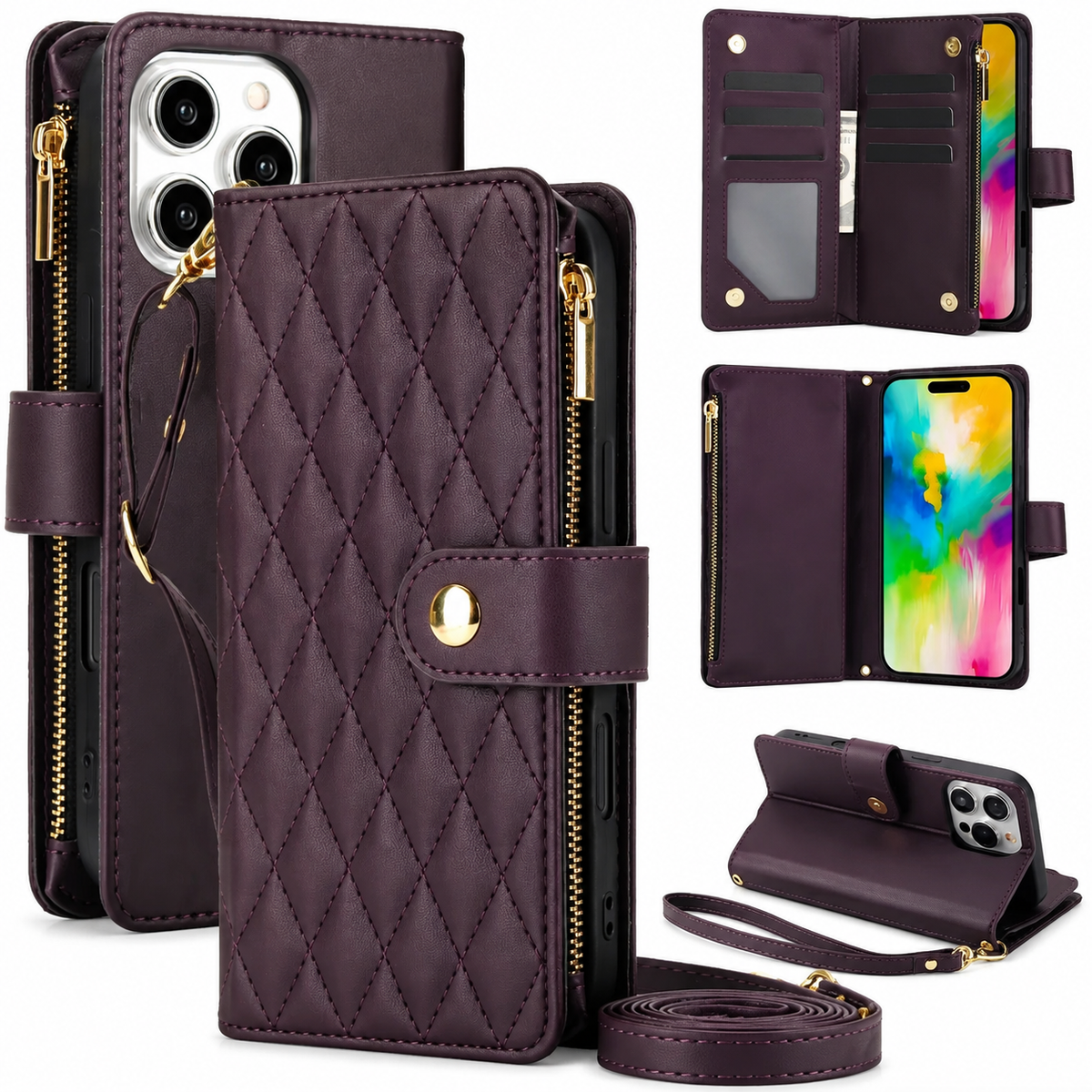 Premium iPhone Wallet Case Leather Flip Cover 6 Card Slots Zipper Storage Magnetic Closure Shockproof Kickstand Chain Strap Anti Scratch