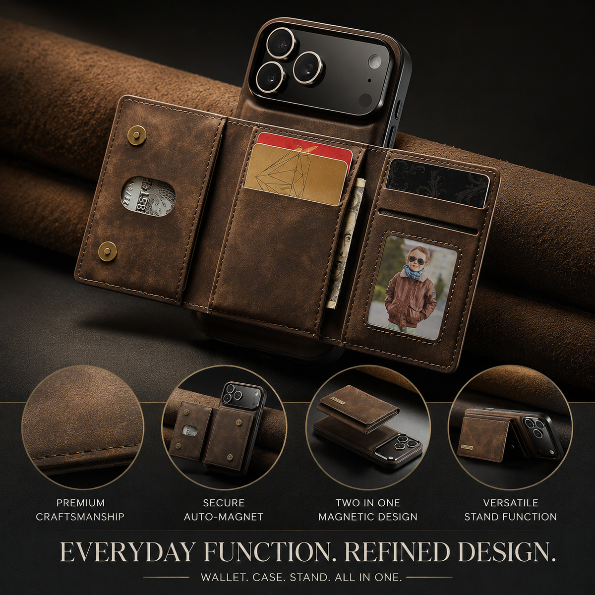 Premium iPhone Wallet Case Magnetic Leather Card Holder Money Compartment Kickstand Half Wrapped Shockproof Anti Fingerprint Protective Cover