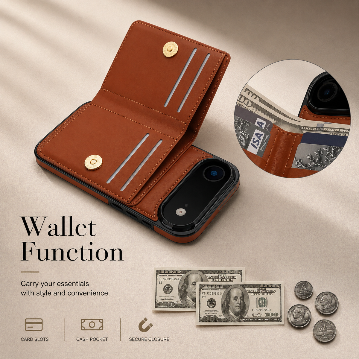 Premium iPhone Wallet Case PU Leather Card Holder 360 Rotating Ring Kickstand Magnetic Clasp Shockproof Full Cover Anti Scratch Protective Slim Design