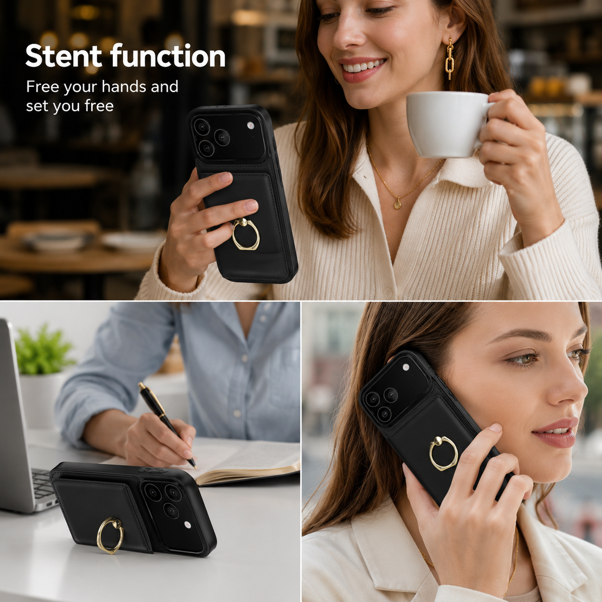 Premium iPhone Wallet Case PU Leather Card Holder 360 Rotating Ring Kickstand Magnetic Clasp Shockproof Full Cover Anti Scratch Protective Slim Design