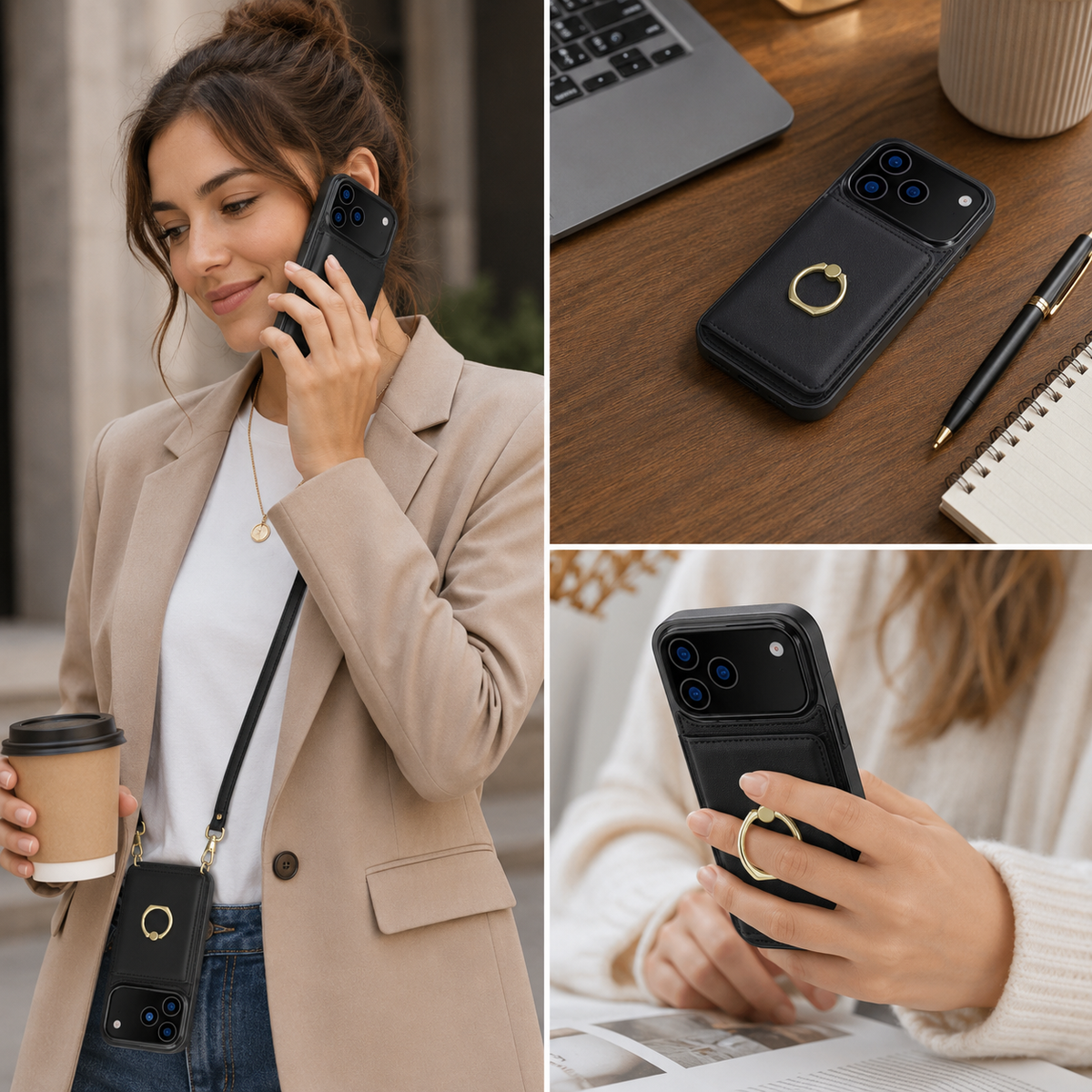 Premium iPhone Wallet Case PU Leather Card Holder 360 Rotating Ring Kickstand Magnetic Clasp Shockproof Full Cover Anti Scratch Protective Slim Design