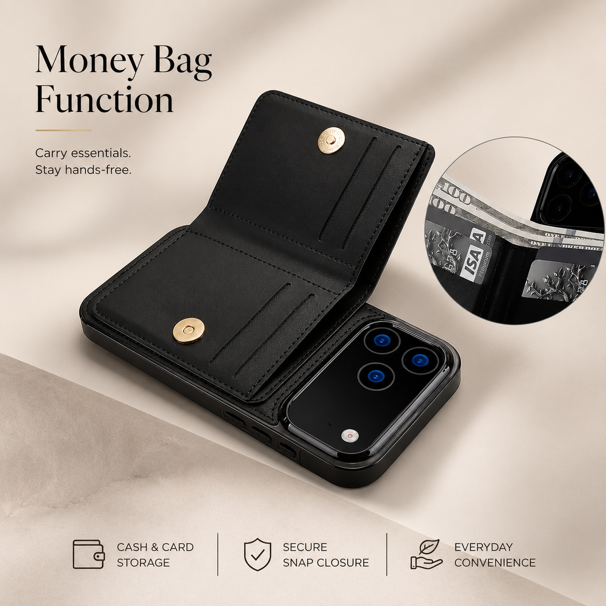 Premium iPhone Wallet Case PU Leather Card Holder 360 Rotating Ring Kickstand Magnetic Clasp Shockproof Full Cover Anti Scratch Protective Slim Design