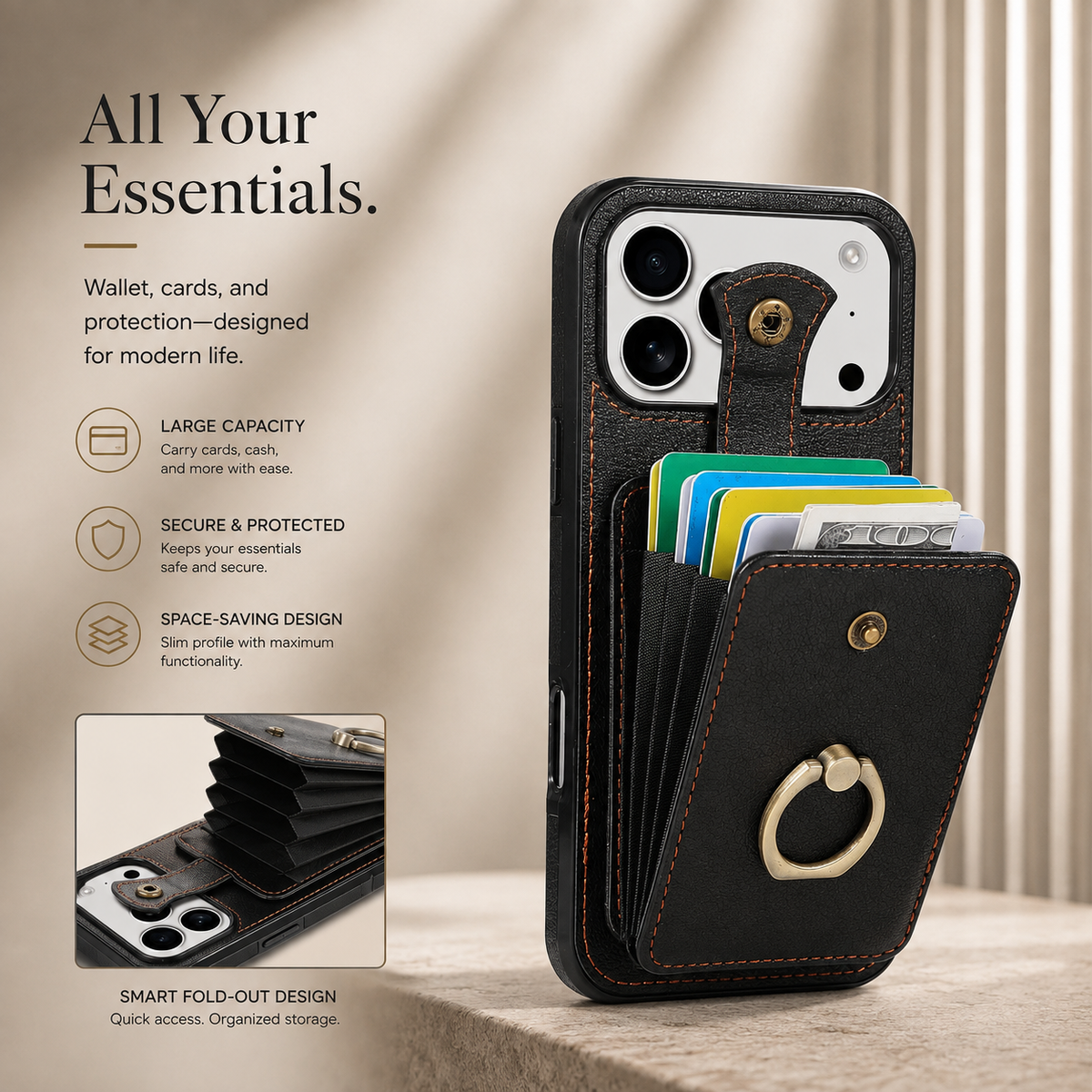 Premium iPhone Wallet Case PU Leather Card Holder RFID Blocking 360 Rotating Ring Kickstand Lanyard Shockproof Anti Scratch Magnetic Flip Cover