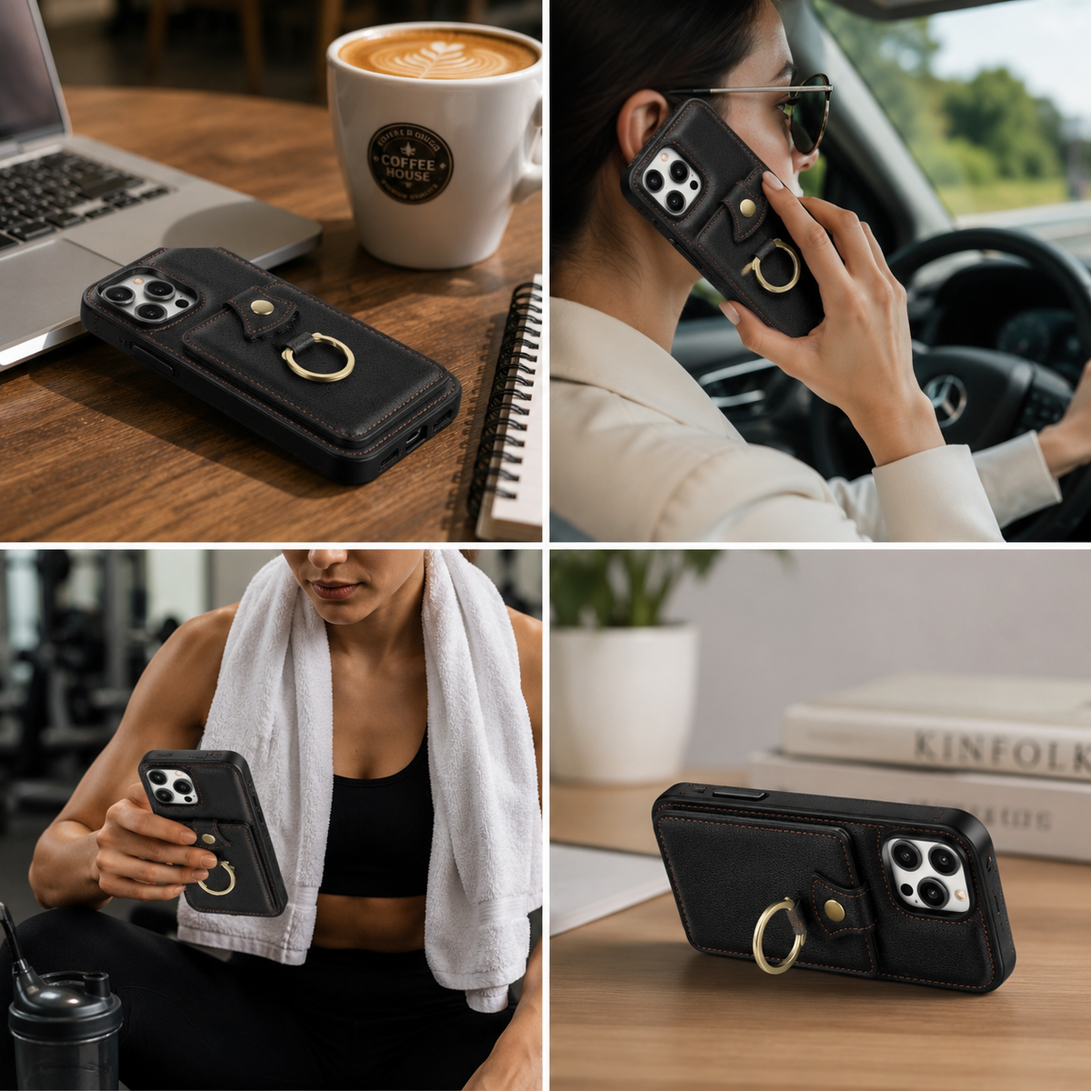 Premium iPhone Wallet Case PU Leather Card Holder RFID Blocking 360 Rotating Ring Kickstand Lanyard Shockproof Anti Scratch Magnetic Flip Cover