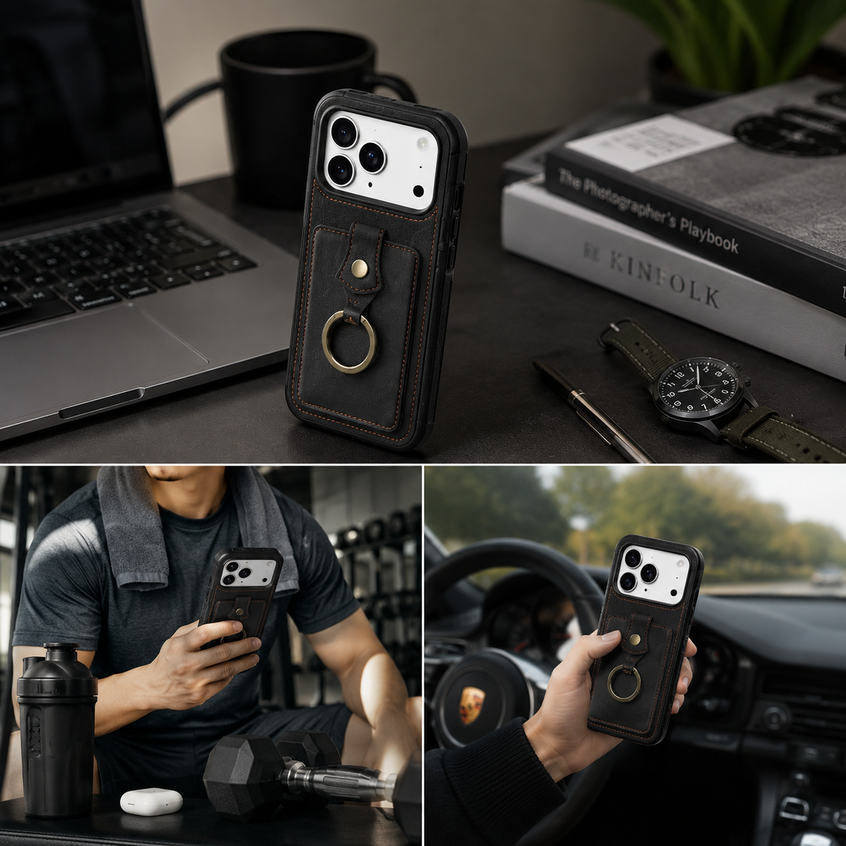 Premium iPhone Wallet Case PU Leather Card Holder RFID Blocking 360 Rotating Ring Kickstand Lanyard Shockproof Anti Scratch Magnetic Flip Cover