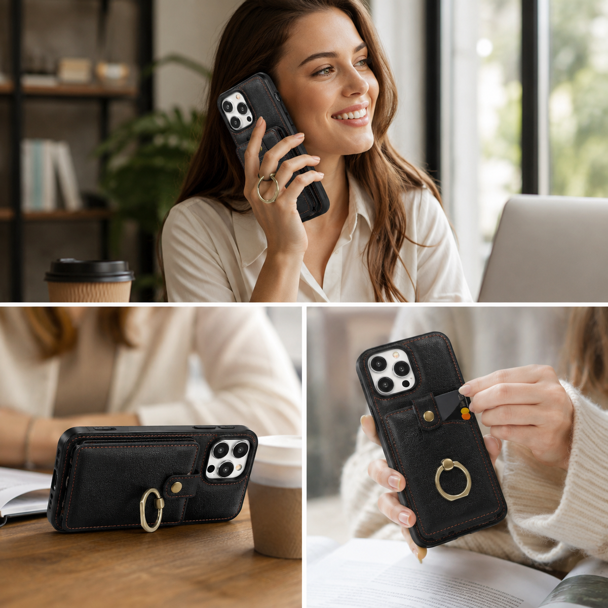 Premium iPhone Wallet Case PU Leather Card Holder RFID Blocking 360 Rotating Ring Kickstand Lanyard Shockproof Anti Scratch Magnetic Flip Cover