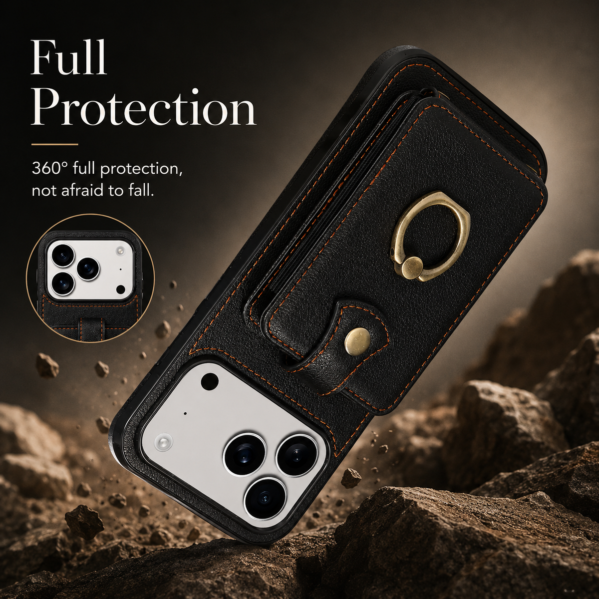 Premium iPhone Wallet Case PU Leather Card Holder RFID Blocking 360 Rotating Ring Kickstand Lanyard Shockproof Anti Scratch Magnetic Flip Cover