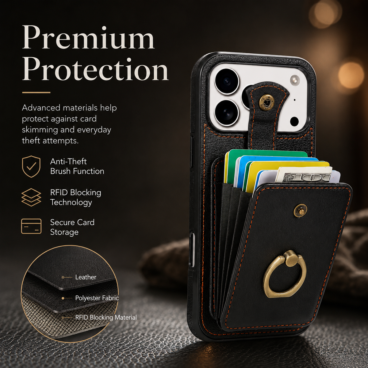 Premium iPhone Wallet Case PU Leather Card Holder RFID Blocking 360 Rotating Ring Kickstand Lanyard Shockproof Anti Scratch Magnetic Flip Cover