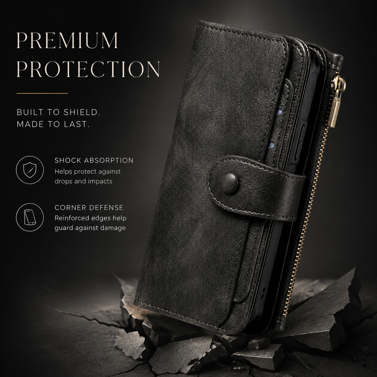 Premium iPhone Wallet Case PU Leather Zipper Card Holder Detachable Flip Cover Shockproof Anti Scratch Anti Fingerprint Dustproof Non Slip Retro Case