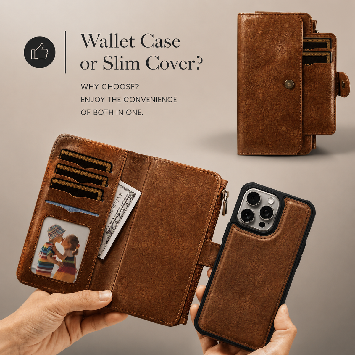 Premium iPhone Wallet Case PU Leather Zipper Card Holder Detachable Flip Cover Shockproof Anti Scratch Anti Fingerprint Dustproof Non Slip Retro Case