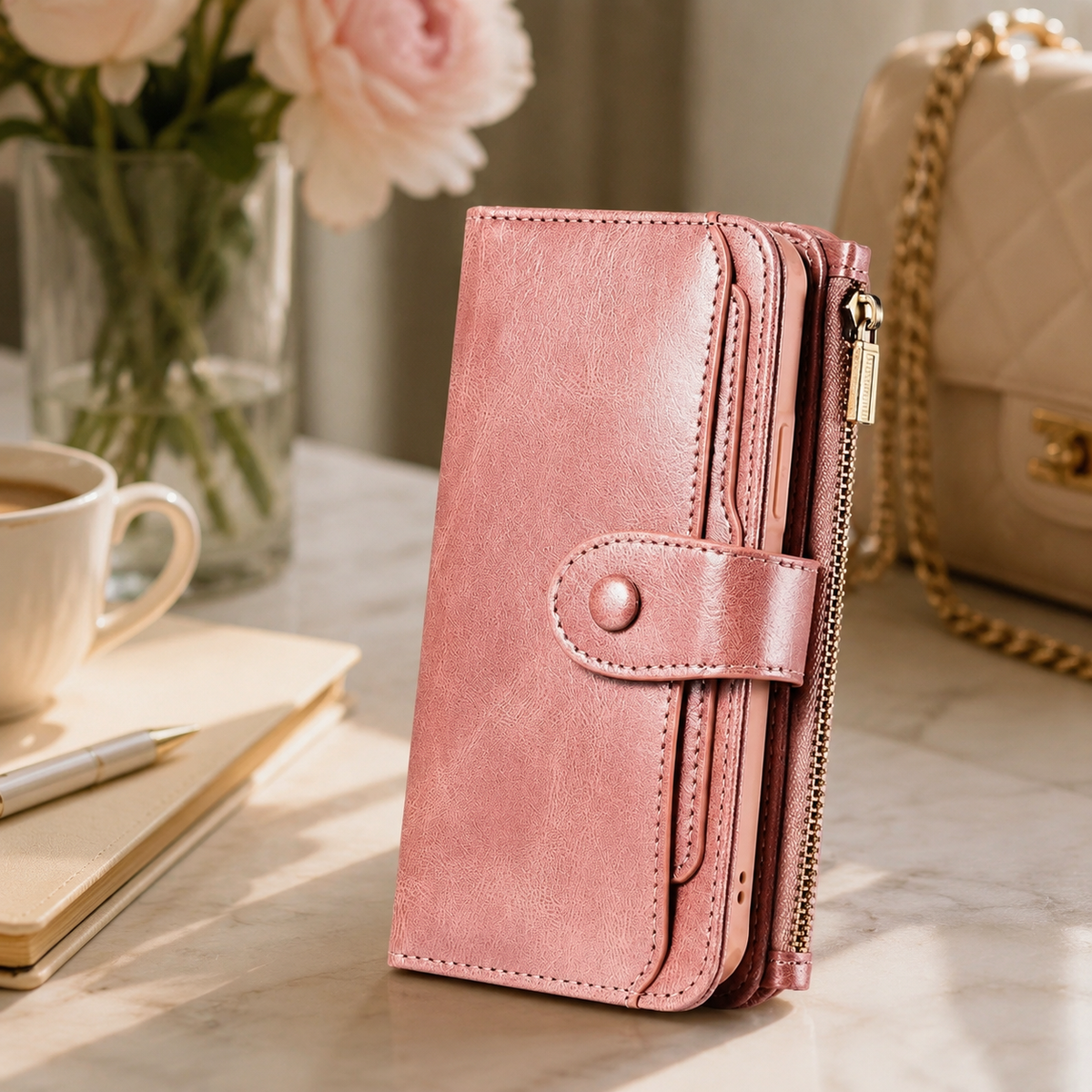 Premium iPhone Wallet Case PU Leather Zipper Card Holder Detachable Flip Cover Shockproof Anti Scratch Anti Fingerprint Dustproof Non Slip Retro Case