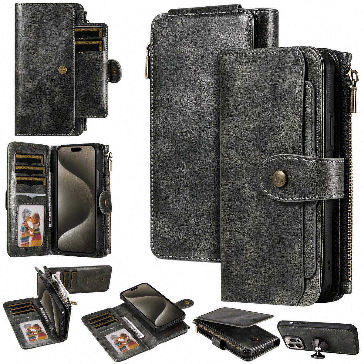 Premium iPhone Wallet Case PU Leather Zipper Card Holder Detachable Flip Cover Shockproof Anti Scratch Anti Fingerprint Dustproof Non Slip Retro Case
